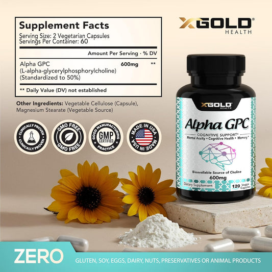 Alpha Gpc Choline Supplement 600Mg, 99%+ Highly Purified, Highly Bioavailable Source Of Choline,120 Veggie Capsules, Cognitive Enhancer Nootropic, Supports Memory & Brain Function, Boosts Focus & Mood