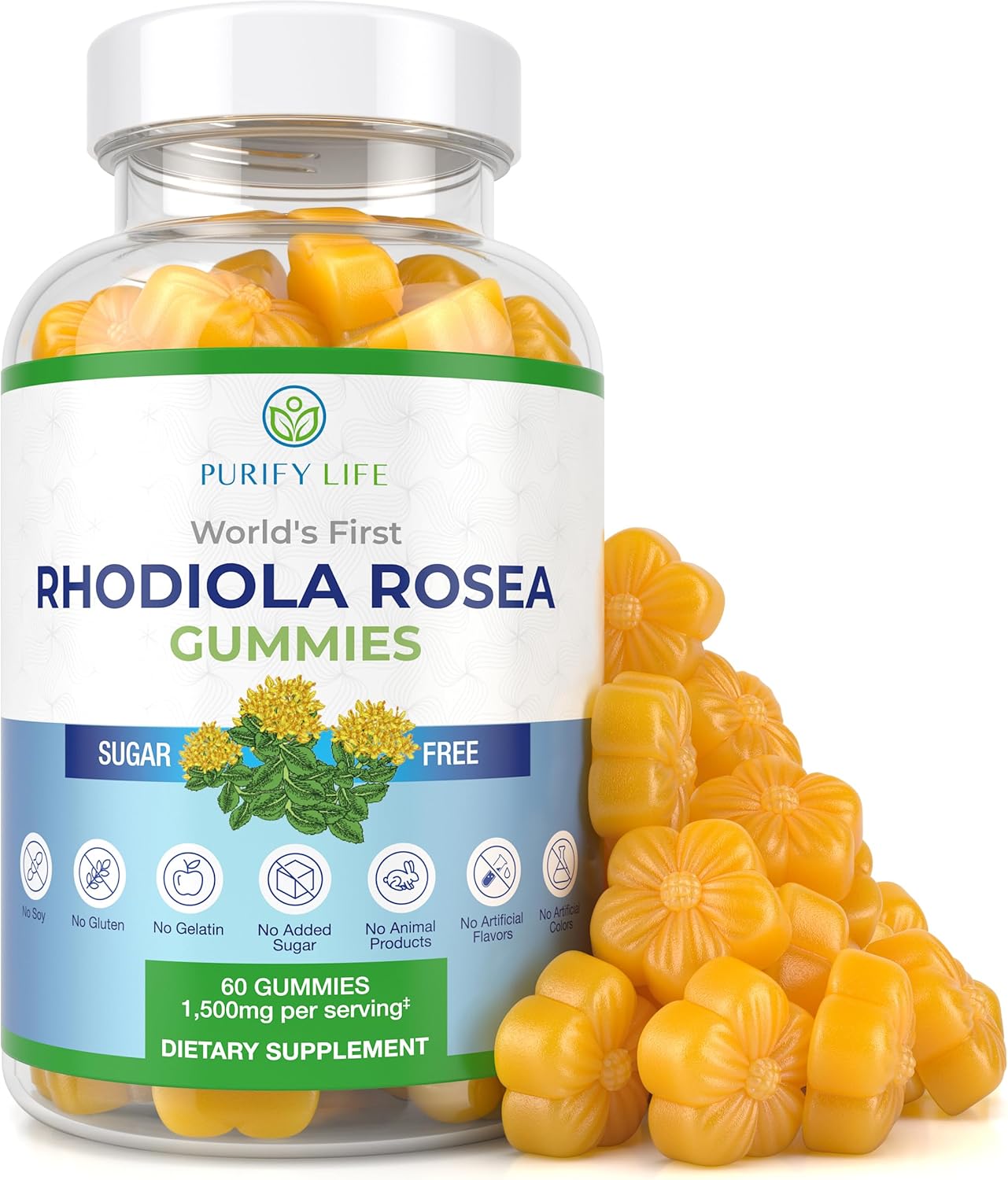 Sugar-Free Rhodiola Rosea Gummies (1500Mg/Serving) Adaptogenic Rhodiola Rosea Supplement & Cortisol Blocker For Performance, Stamina, Mood & Motivation - Non-Gmo, 60 Vegan Chews, No Capsules Or Pills