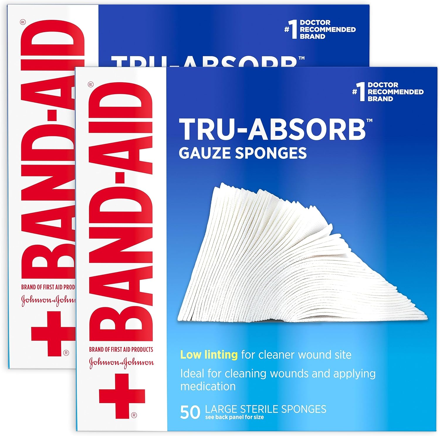 Band-Aid Brand First Aid Products Tru-Absorb Sterile Gauze Sponges For Cleaning And Cushioning Wounds, Low-Lint Design, 4 Inches By 4 Inches, Twin Pack, 2 X 50 Count