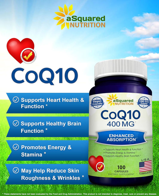 Asquared Nutrition Coq10 (400Mg Max Strength, 100 Veggie Capsules) - High Absorption Coenzyme Q10 Powder - Ubiquinone Supplement Pills, Extra Antioxidant Co Q-10 Enzyme Vitamin Tablets, Coq 10 400 Mg