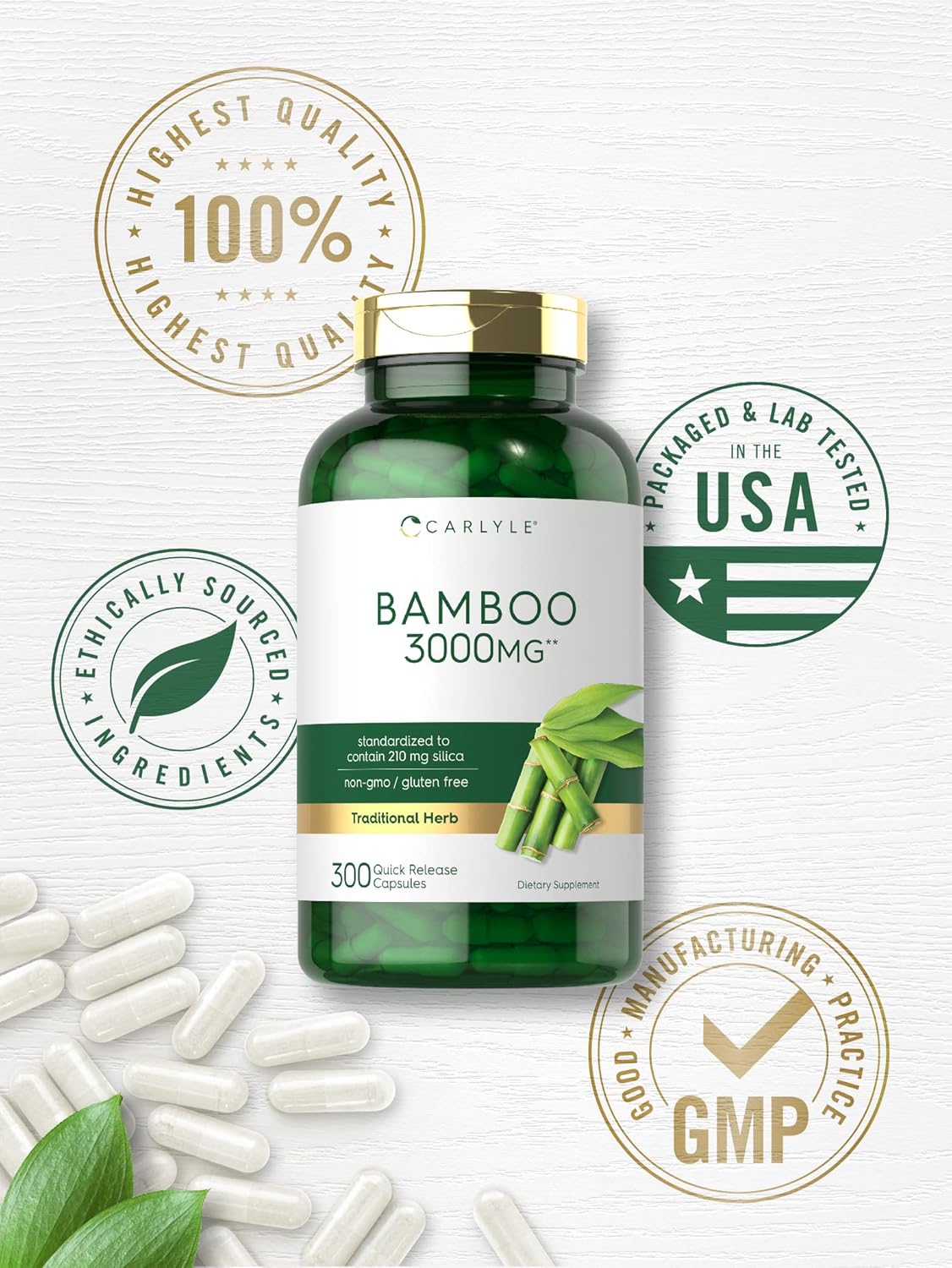 Carlyle Bamboo Extract Capsules | 3000mg | 300 Count | 210mg Silica | Non-GMO, Gluten Free Supplement : Health & Household