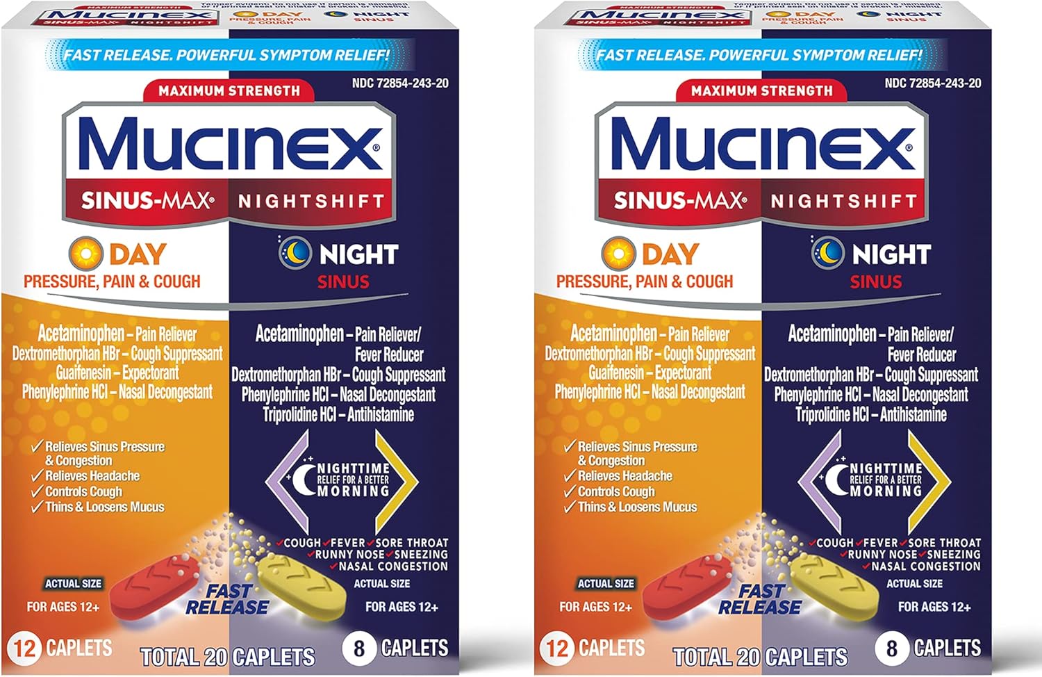 Maximum Strength Mucinex Sinus-Max Pressure, Pain & Cough & Nightshift Sinus Caplets, Fast Release, Powerful Multi-Symptom Relief, 20 Caplets (12 Day Time + 8 Night Time) (Pack Of 2)
