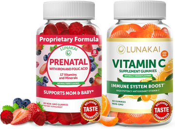 Prenatal and Vitamin C Gummies Bundle - Non-GMO, Gluten Free, No Corn Syrup, All Natural Supplements- 60 ct Prenatal Gummies and 60 ct Vitamin C Gummies - 30 Days Supply