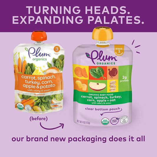 Plum Organics | Stage 3 | Baby Food, Carrot, Spinach, Turkey, Corn, Apple & Oat, 4Oz (12 Pack)