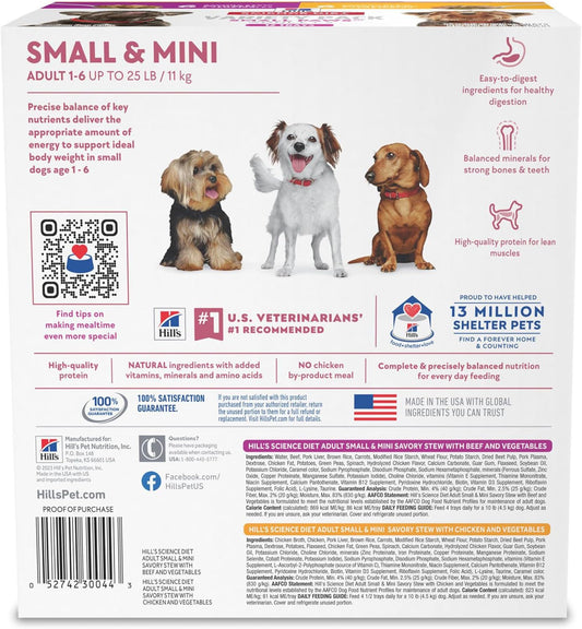 Hill'S Science Diet Small & Mini, Adult 1-6, Small & Mini Breeds Premium Nutrition, Wet Dog Food, Variety Case: Chicken & Vegetables; Salmon & Vegetables Stew, 3.5 Oz Tray Variety Case, Case Of 12