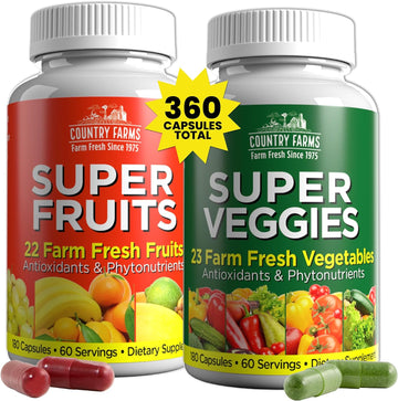 Country Farms Fruits And Vegetables Supplement, 180 Fruit And 180 Veggie Capsules, Greens And Reds Packed With Superfoods, Powerful Antioxidants, 60 Servings
