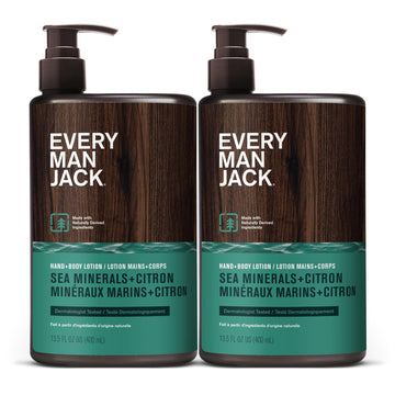 Every Man Jack Mens Amber + Sandalwood Hand & Body Lotion For All Skin Types - Dermatologist Tested & Hypoallergenic - Nourish Skin With Lightweight Fast Absorbing Lotion - 13.5Oz 2 Bottles