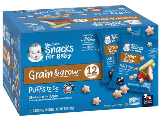 Gerber Snacks for Baby Grain & Grow Puffs To Go, Strawberry Apple, Non-GMO Puffed Grain Baby Snack for Crawlers, Pack of 1 Box