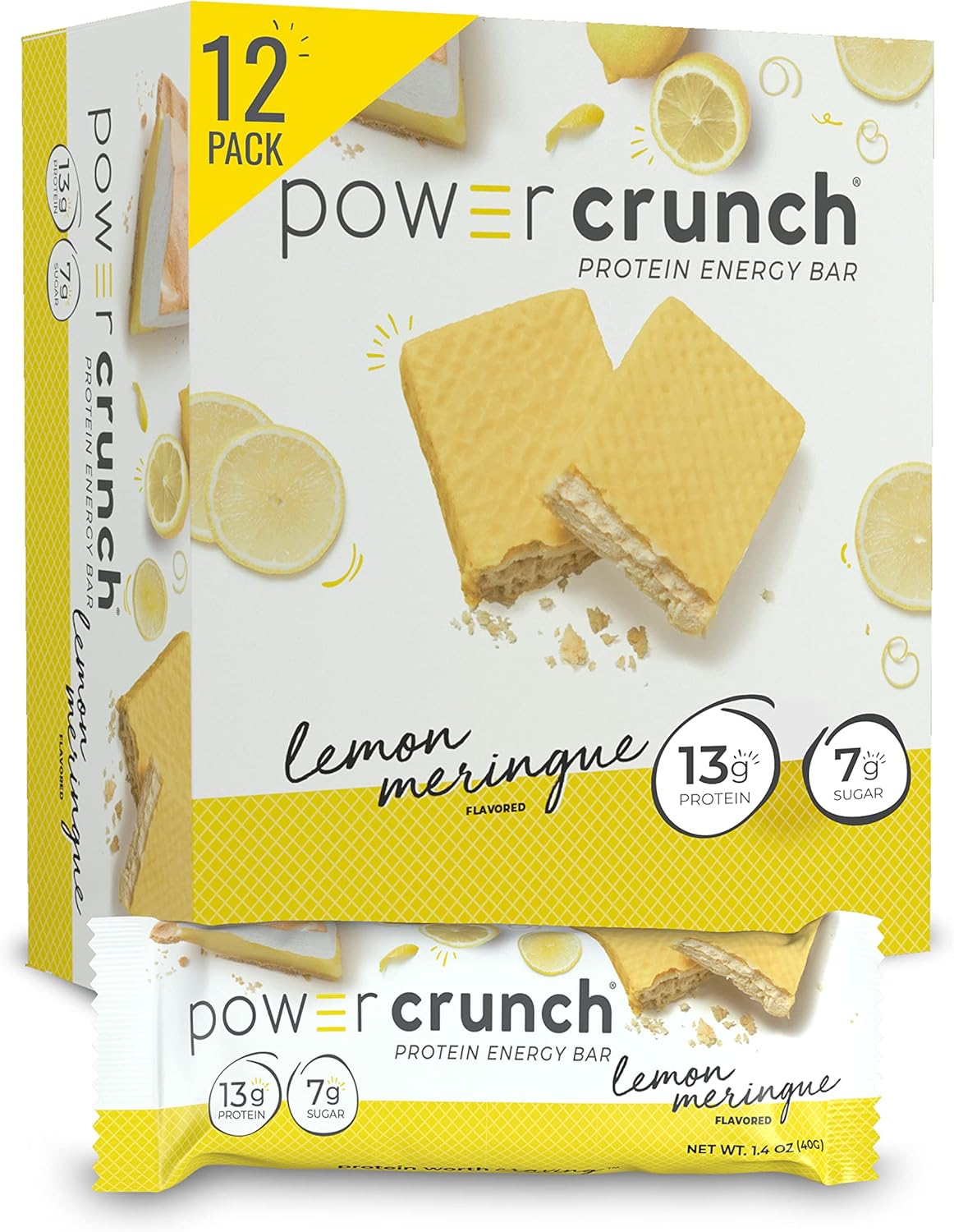 Power Crunch Protein Wafer Bars, High Protein Snacks With Delicious Taste, Lemon Meringue, 1.4 Ounce (12 Count)