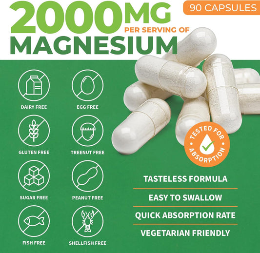 Magnesium L-Threonate Capsules - 2000Mg Original Magtein Formula - Patented & Clinically Studied Supplement For Focus, Memory, Brain & Sleep Support, Mag Threonate For Women & Men (90 Count)