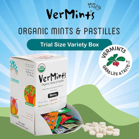 Vermints Organic Breath Mints – Travel Size Peppermints, Ginger Mints, Wintergreen, Cinnamon, Chai & Cafe Express Flavored Candy - Non-Gmo, Gluten-Free, Vegan & Kosher Healthy Refresh - 120 Count