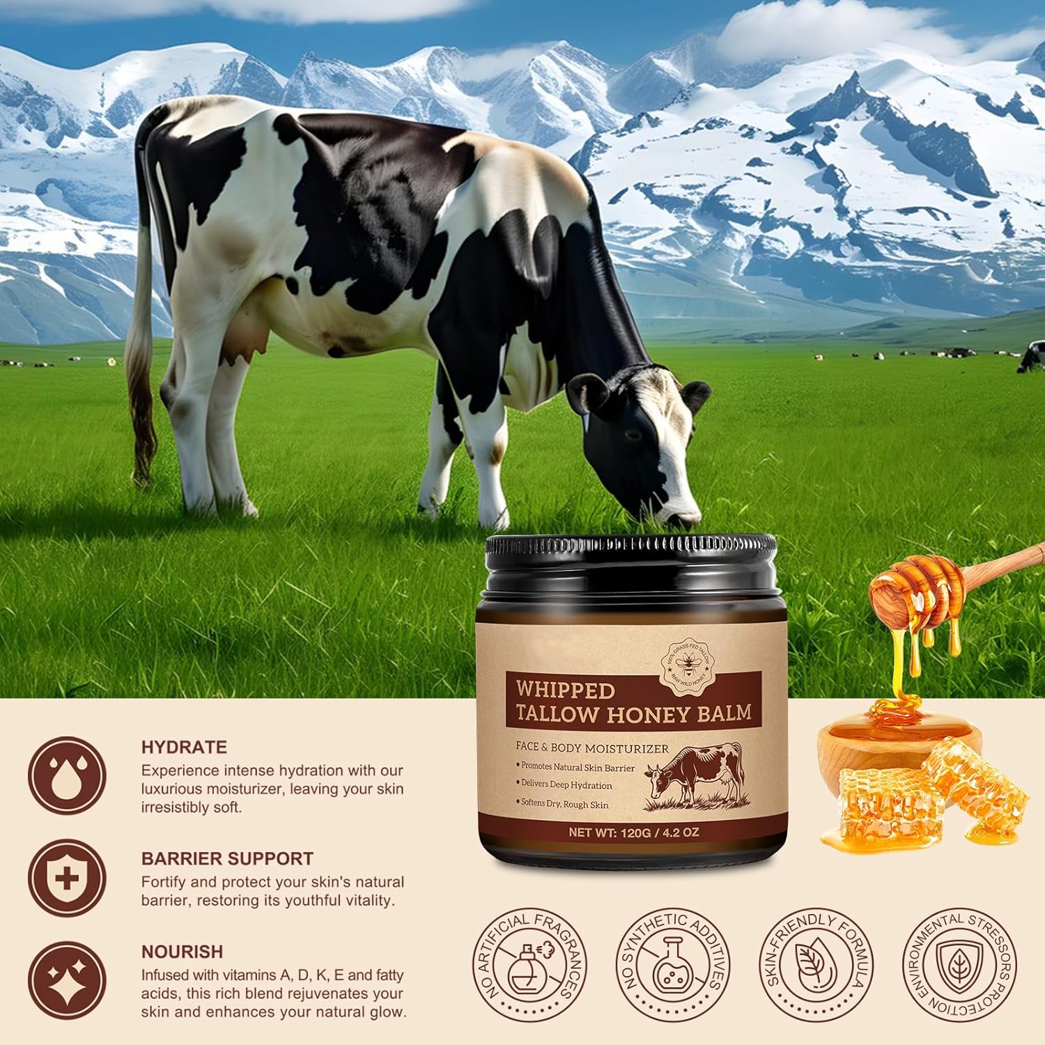 Beef Tallow For Skin, Tallow Face Moisturizer, Tallow And Honey Balm, Grass-Fed Whipped Beef Tallow And Honey Cream, Deeply Moisturizing For Face & Body, Suitable For Dry & Aging Skin,4.2 Oz