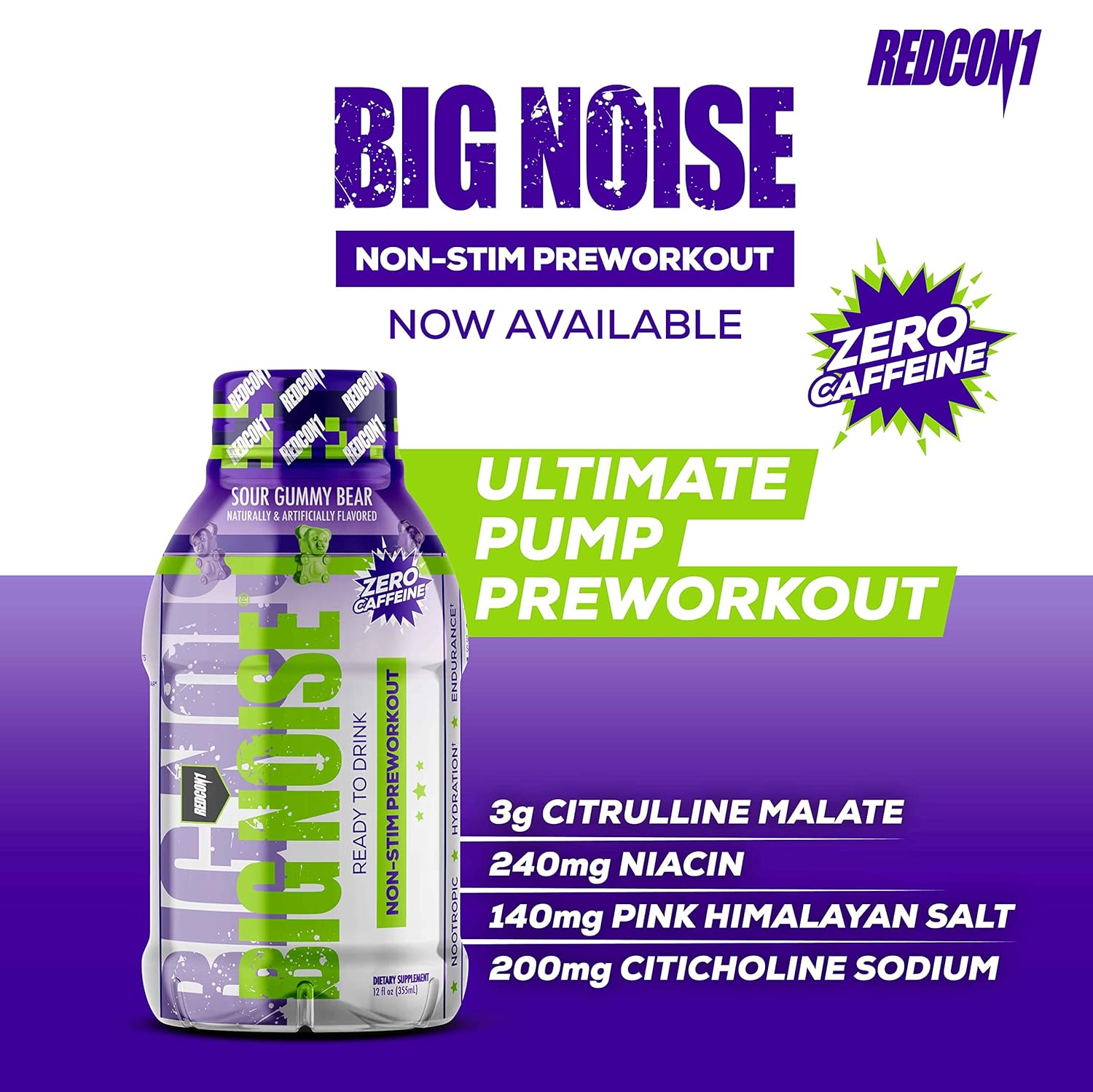 REDCON1 Big Noise RTD Pre Workout Drink, Sour Gummy Bear - Caffeine-Fr