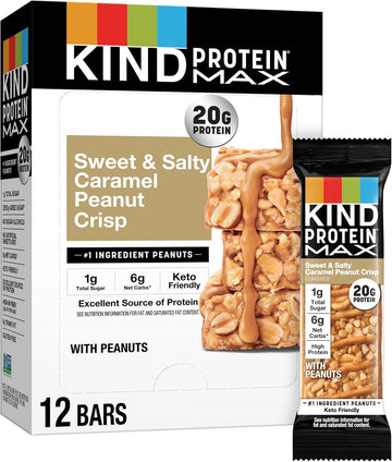 Kind Protein Max Sweet & Salty Caramel Peanut Crisp Snack Bars, Keto Friendly, 20G Protein, 12 Count