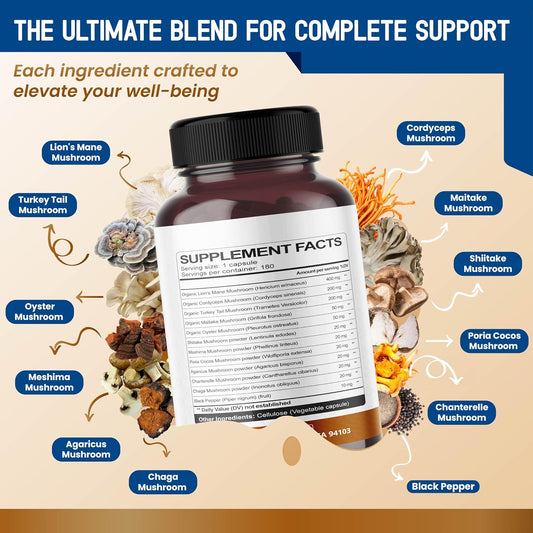 Organic Mushroom Complex With Lion'S Mane, Cordyceps & Turkey Tail – Brain, Memory & Immune Support – 180 Capsules (6-Month Supply)