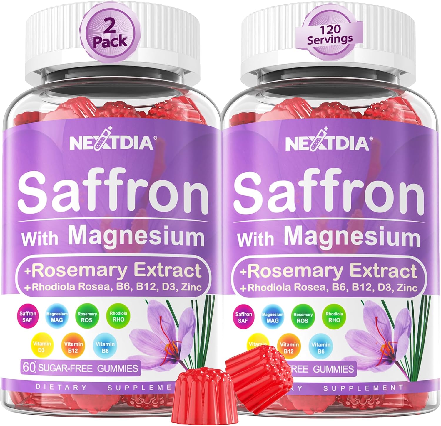 Saffron With Magnesium Glycinate Gummies, 2 Months Supply -Sugar Free Magnesium 400/200Mg W/Saffron,Rhodiola,Rosemary, B6,B12,D3 For S-Leep, Calm,Focus, Relax, Nerve, Melatonin Free Gummies