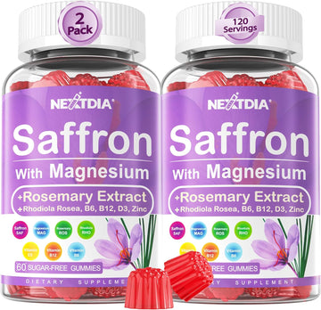 Saffron With Magnesium Glycinate Gummies, 2 Months Supply -Sugar Free Magnesium 400/200Mg W/Saffron,Rhodiola,Rosemary, B6,B12,D3 For S-Leep, Calm,Focus, Relax, Nerve, Melatonin Free Gummies