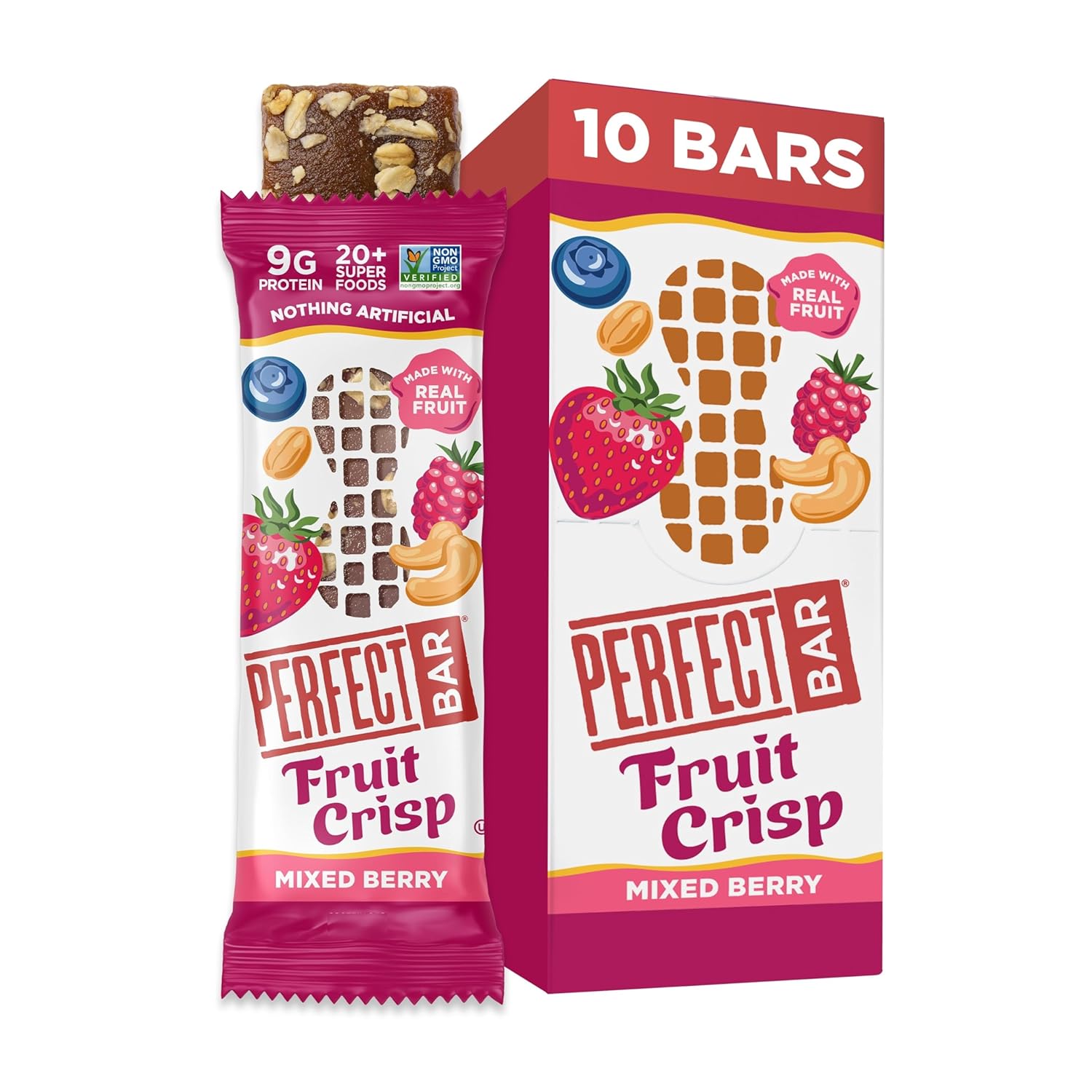 Perfect Bar Fruit Crisp, Mixed Berry Nut Butter Protein Bar, Protein Snack, Gluten Free, Soy Free, Non Gmo, No Sugar Alcohols, 1.9 Ounce Bar, 10 Count