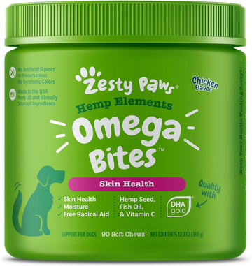 Zesty Paws Skin & Coat Bites for Dogs – Fish Oil Soft Chews with Omega-3 Fatty Acids EPA & DHA - Skin, Coat, Antioxidant & Immune Support - Hemp - 90 Count