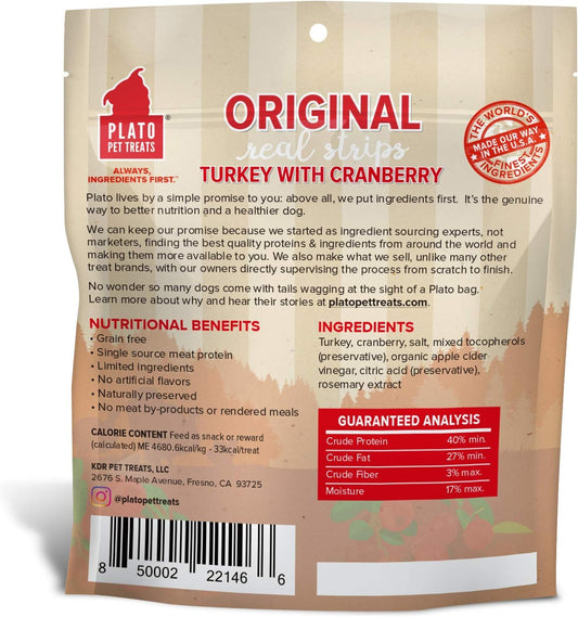 PLATO Turkey Real Strips Natural Dog Treats - Real Meat - Air Dried - Made in the USA - Turkey & Cranberry, 3 ounces
