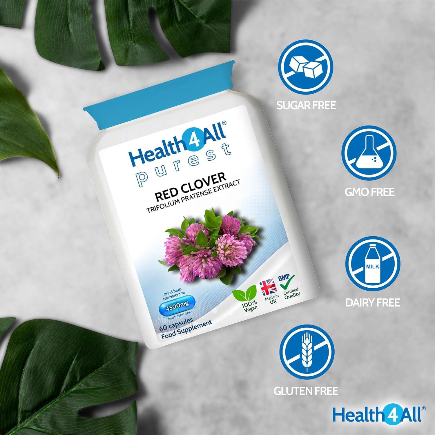 Health4All Red Clover 4500mg 60 Capsules 2 Months Supply, High Strength Extract 24mg Isoflavones Each Capsule, Menopause Support & Hormone Balance Vegan Supplement | Made in UK : Amazon.co.uk: Health & Personal Care