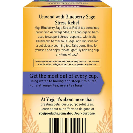 Yogi Tea Blueberry Sage Stress Relief - 16 Tea Bags Per Pack (4 Packs) - Relaxing, Calming Tea To Support Stress Response - Includes Ashwagandha, Blueberry, Sage, Hibiscus & More