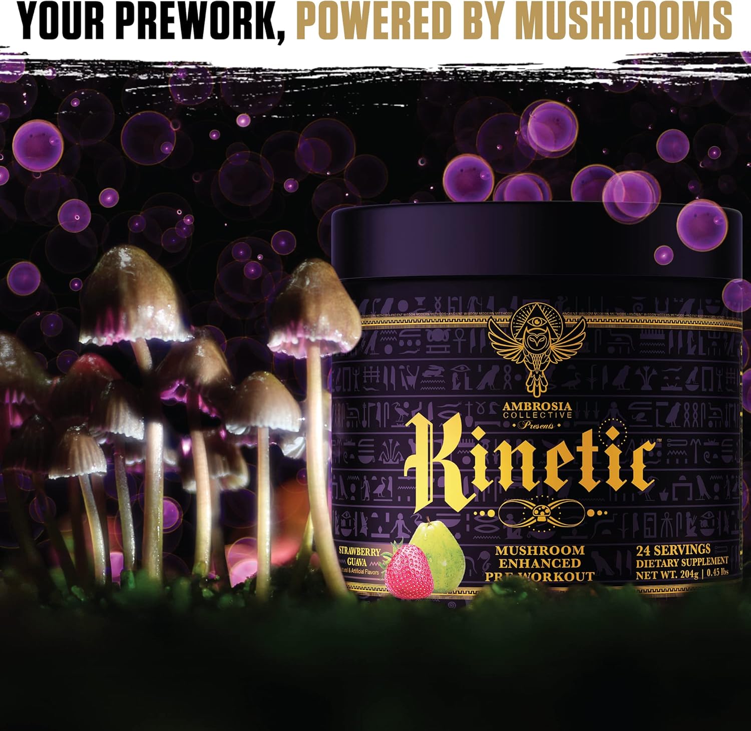 Ambrosia Kinetic Organic Preworkout, Mushroom Enhanced Natural Pre Workout Supplement, Nootropic Superfood Powder For Energy (Watermelon Candy) : Health & Household