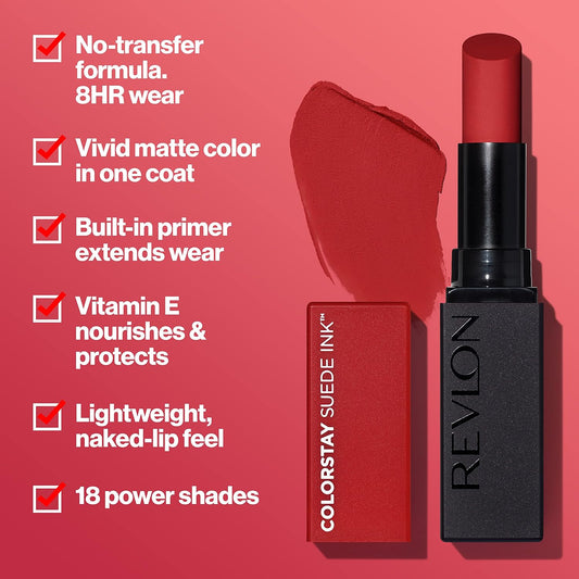 Revlon Lipstick, Colorstay Suede Ink, Built-In Primer, Infused With Vitamin E, Waterproof, Smudge-Proof, Matte Color, 005 Hot Girl, 0.09 Oz