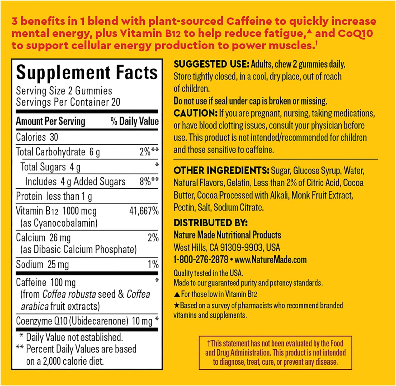 Nature Made Wellblends EnergyMAX Gummies, Fast Acting Caffeine, CoQ10 & Vitamin B12 1000mcg, Energy Support Gummy Vitamins, 40 Gummies : Health & Household