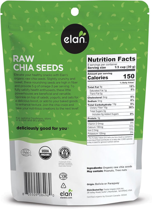 Elan Organic Chia Seeds, 8.8 oz, Natural Raw Black Chia Seeds, Plant-Based, Non-GMO, Vegan, Gluten-Free, Kosher, Gels Easily, Superfood