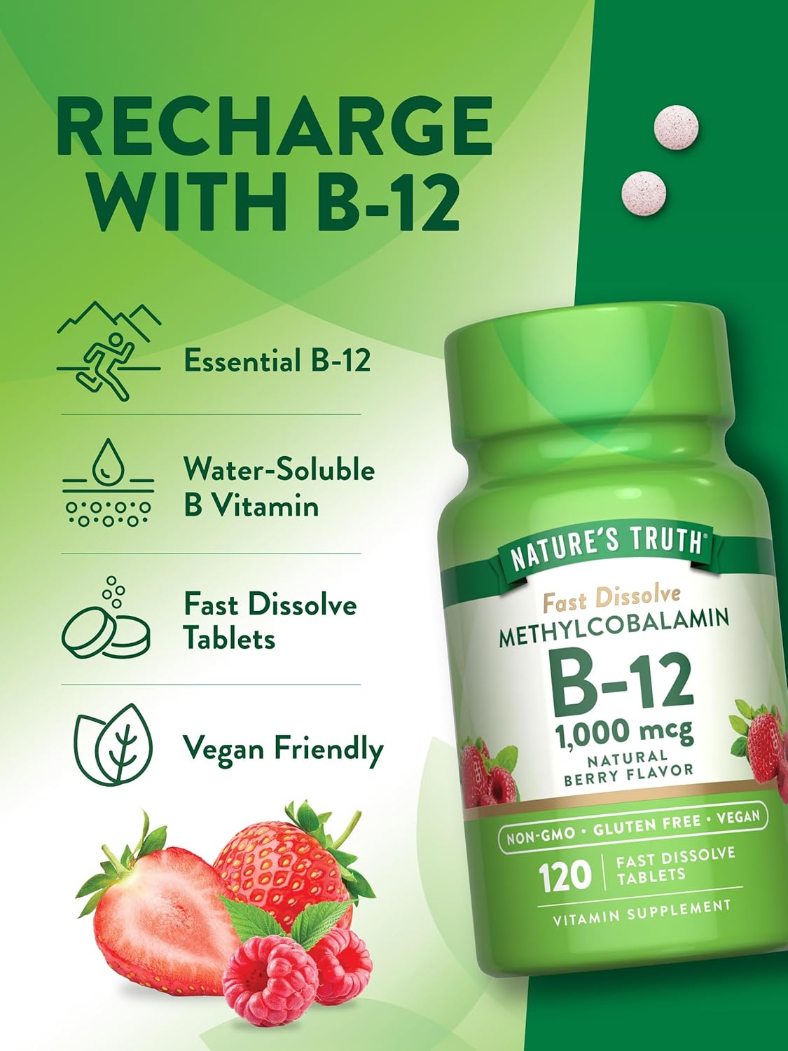 B12 Vitamin Sublingual Tablets | 1000 mcg | 120 Count | Vegetarian, Non-GMO & Gluten Free | Nature's Truth : Health & Household