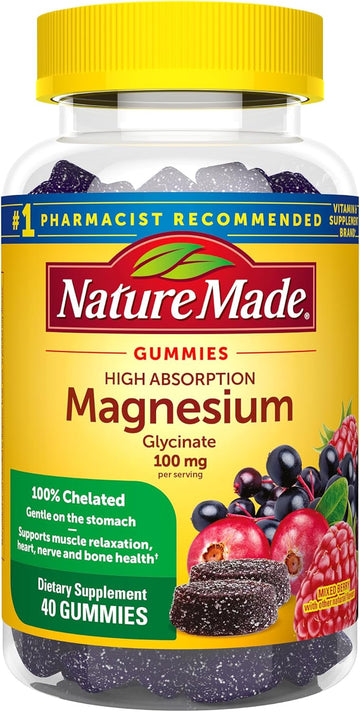 Nature Made High Absorption Magnesium Glycinate Gummies 100 Mg Per Serving, Muscle, Nerve, Bone And Heart Support, Magnesium Supplement, 40 Magnesium Gummies, 20 Day Supply