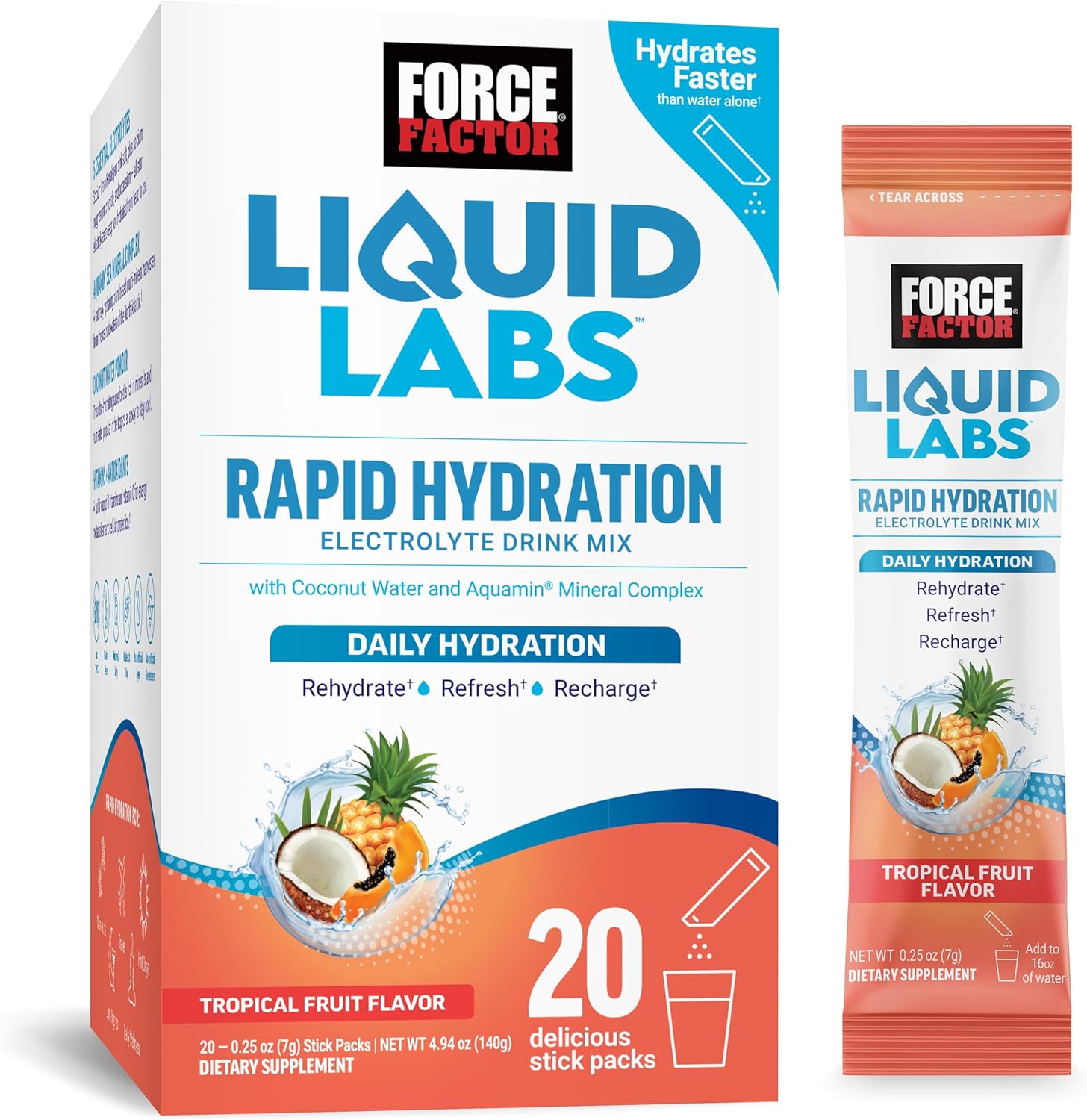 FORCE FACTOR Liquid Labs Electrolytes Powder, Hydration Packets to Make Electrolyte Water with 5 Essential Electrolytes, Vitamins, Minerals, and Antioxidants, Tropical Fruit Flavor, 20 Stick Packs