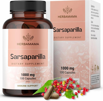 Herbamama Sarsaparilla Root Capsules - Organic Sarsaparilla Root Powder Pills - Smilax Medica Herb Supplement - 1000Mg, 100 Caps