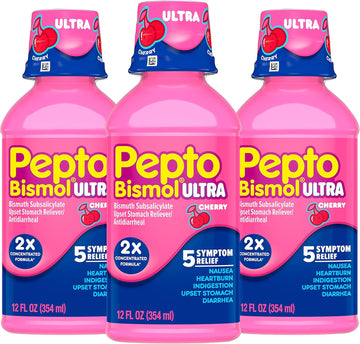 Pepto Bismol Liquid Ultra For Nausea, Heartburn, Indigestion, Upset Stomach, And Diarrhea - 5 Symptom Fast Relief, Cherry Flavor 12 Oz (Pack Of 3)