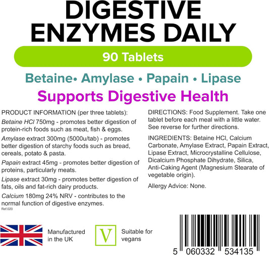 Lindens Digestive Enzymes Daily Tablets - 90 Pack - Contains Betaine Hcl, Papain, Amylase & Lipase to Promote Better Digestion - UK Manufacturer, Letterbox Friendly