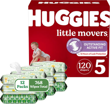 Huggies Little Movers Diapers & Wipes Bundle: Huggies Little Movers Size 5 Baby Diaper, 120Ct & Huggies Natural Care Sensitive Wipes, Unscented, 12 Packs (768 Wipes Total) (Packaging May Vary)