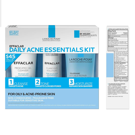 Effaclar Daily Acne Essentials Kit, Acne Treatment System, Salicylic Acid Acne Cleanser, Pore Refining Toner, & Matte Face Moisturizer For Oily Skin & Combination Skin, Oil-Free, 2 Month Supply