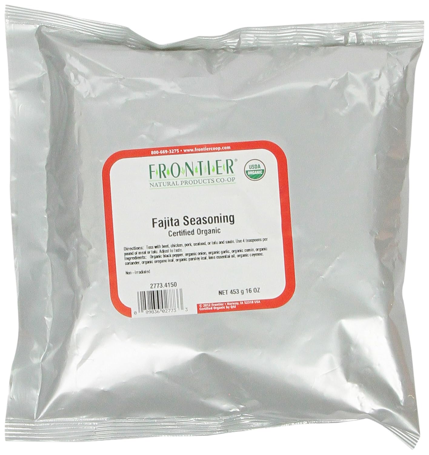 Frontier Co-Op Fajita Seasoning, 1-Pound Bulk Bag, Great For Beef Or Chicken Tacos, Smoky Chili Heat, Certified Organic