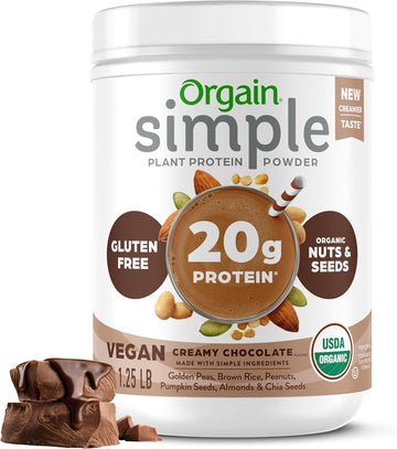 Orgain Organic Simple Vegan Protein Powder, Chocolate - 20g Plant Based Protein, Made with less Ingredients, No Artificial Sweeteners, Gluten-Free, Non-GMO, No Dairy or Lactose Ingredients, 1.25lb