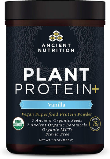 Ancient Nutrition Organic Plant Protein +, Vegan Plant Based Protein Powder, Vanilla, Formulated By Dr. Josh Axe, Dairy-Free, Gluten-Free, Non-Gmo, No Sugar Added, Paleo Friendly Supplement 11.5 Oz