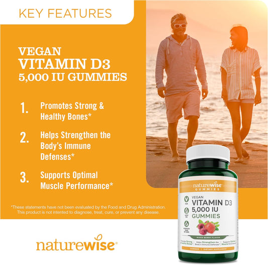 Naturewise Vitamin D3 5000 Iu Gummies - Mixed Berry Flavor - Vegan D From Lichen, Pectin Based, Immune Support For Adults, Muscle & Bone Strength - Gluten Free, Non-Gmo - 180 Count[3-Month Supply]