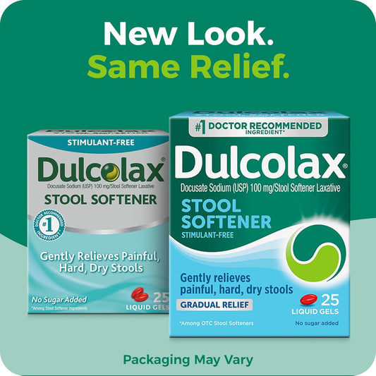 Dulcolax Stool Softener Laxative Liquid Gel Capsules, Gentle Constipation Relief For Hard, Dry Stools, Docusate Sodium 100 Mg, 25 Count