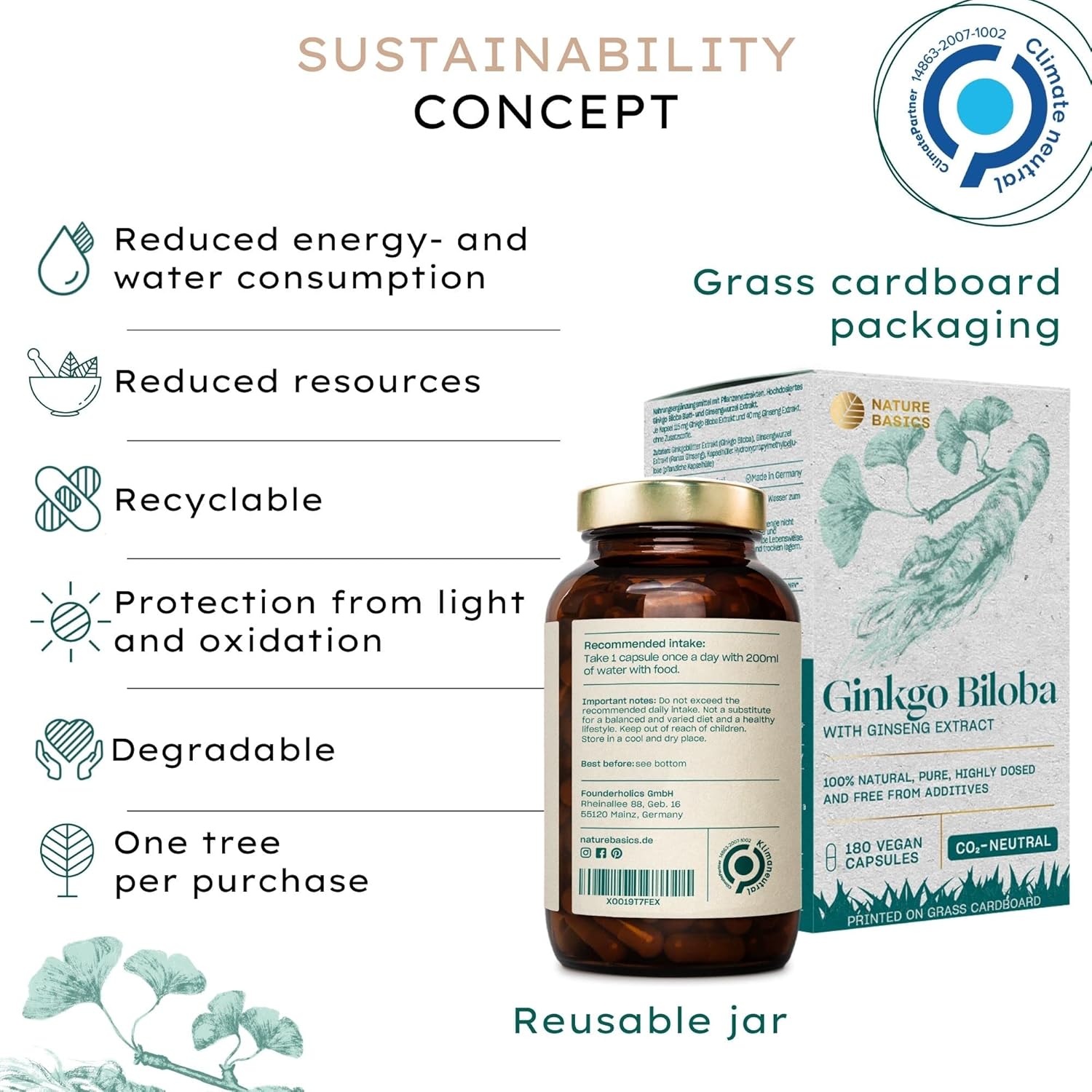 Nature Basics® Natural Ginkgo Biloba Sustainable In Amber Jar | Co2 Neutral & Additive Free | 180 Vegan Capsules | 115Mg Ginkgo Biloba & 40Mg Ginseng Extract Per Daily Dose