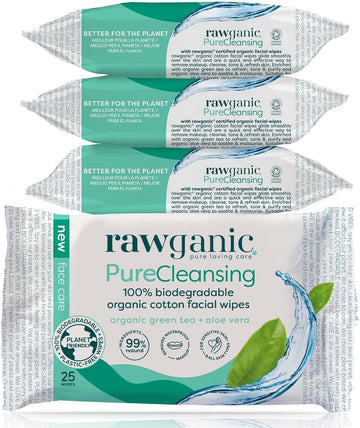 RAWGANIC Pure Cleansing Refreshing Facial Wipes with Aloe Vera and Green Tea | Gentle Soothing Biodegradable Makeup Removal Organic Cotton Wipes | 4 Packs (100 wipes in total)