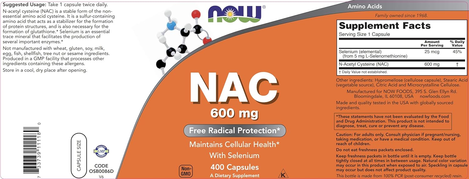 Now NAC 600 mg, 400 Veg Capsules, N-Acetyl Cysteine with Selenium : Health & Household