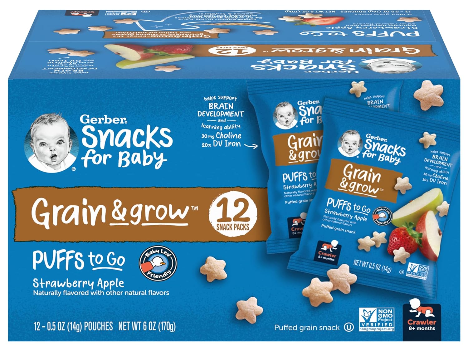 Gerber Snacks for Baby Grain & Grow Puffs To Go, Strawberry Apple, Non-GMO Puffed Grain Baby Snack for Crawlers, Pack of 1 Box