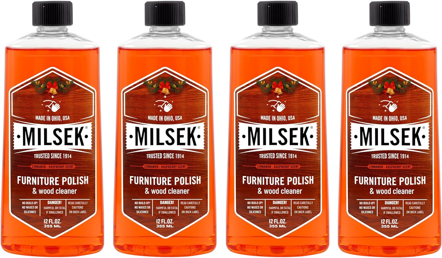 Milsek Furniture Polish and Wood Cleaner with Cinnamon Raspberry Scent - for Home and Household from Hardwood Floors to Kitchen Cabinets - 12 Fl Oz (Pack of 4)