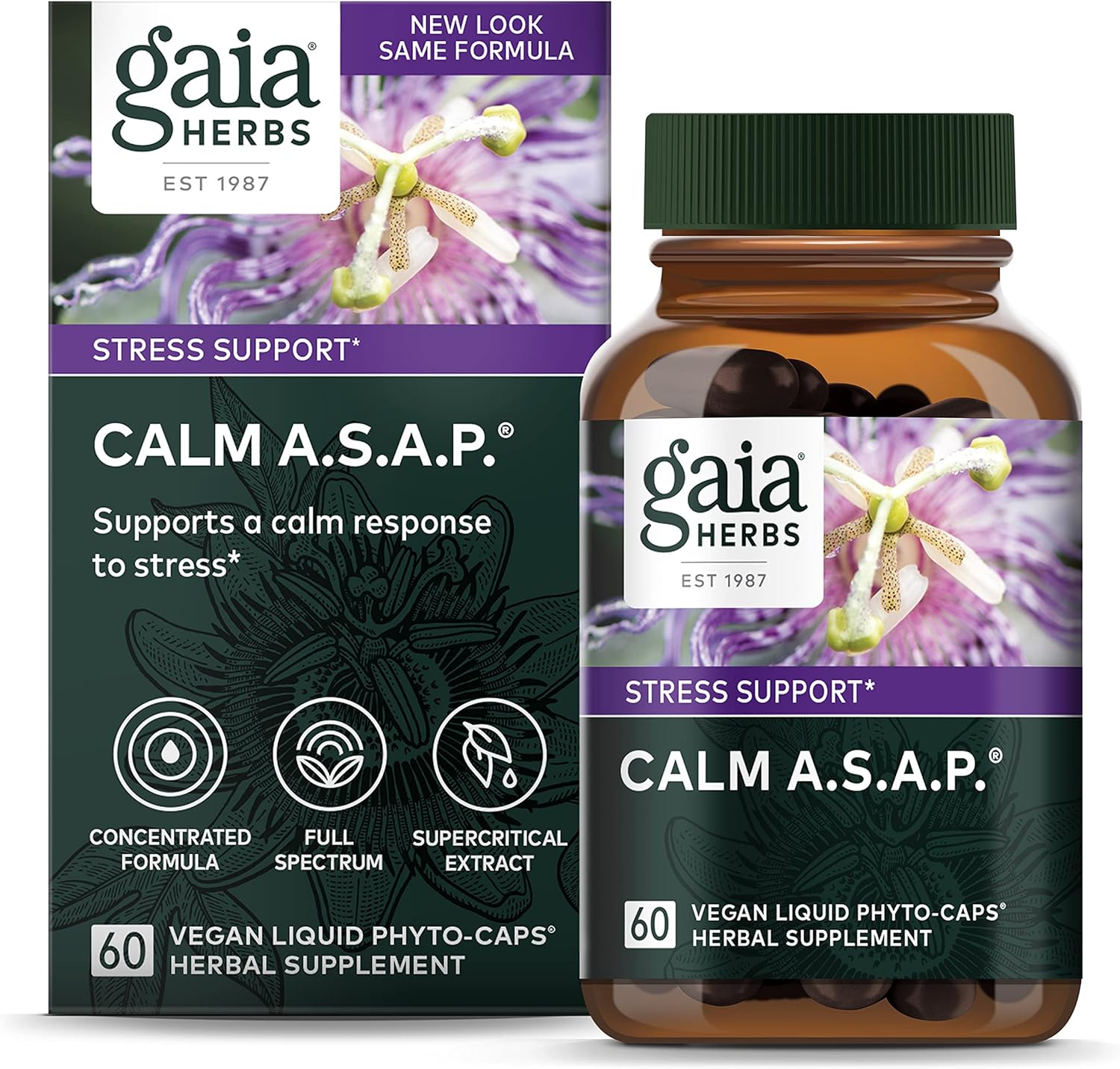 Gaia Herbs Calm A.S.A.P. Stress Support Supplement - with Skullcap, Passionower, Chamomile, Vervain, Holy Basil & More to Support a Natural Calm - 60 Vegan Liq Phyto-Capsules (20-Day Supply)