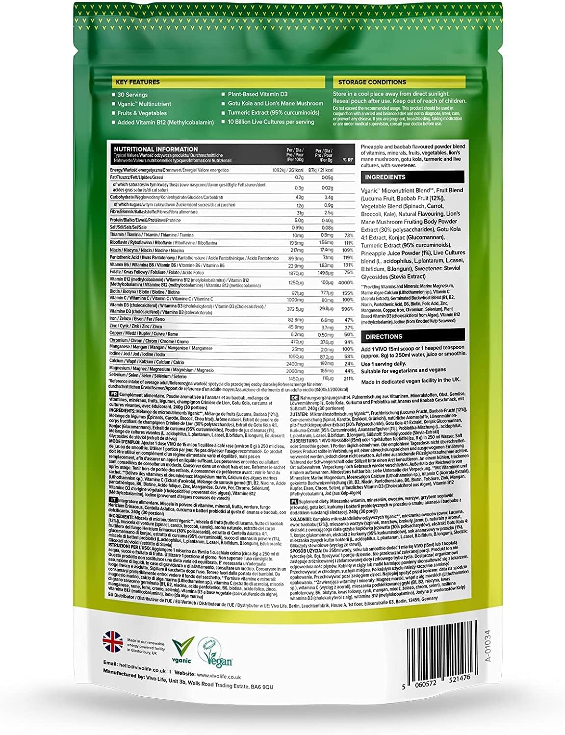 Vivo Life Thrive Vegan Superfood With Vitamins Minerals Fruits & Greens, Blueberry & Lucuma Flavour, 30 Servings - 8.46Oz